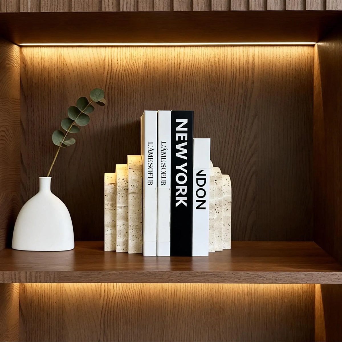 Travertine Marble Bookend for Bookshelf, Desk & Living Room | Natural Stone Book Stopper | Modern Minimalist Office Decor, 1 Piece