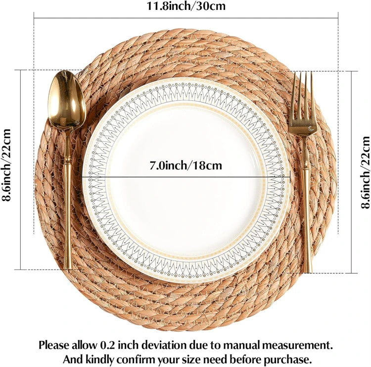 Round Woven Placemats for Dining Table | Natural Straw & Water Hyacinth-Style Boho Place Mats | Farmhouse Table Decor, 30–38cm