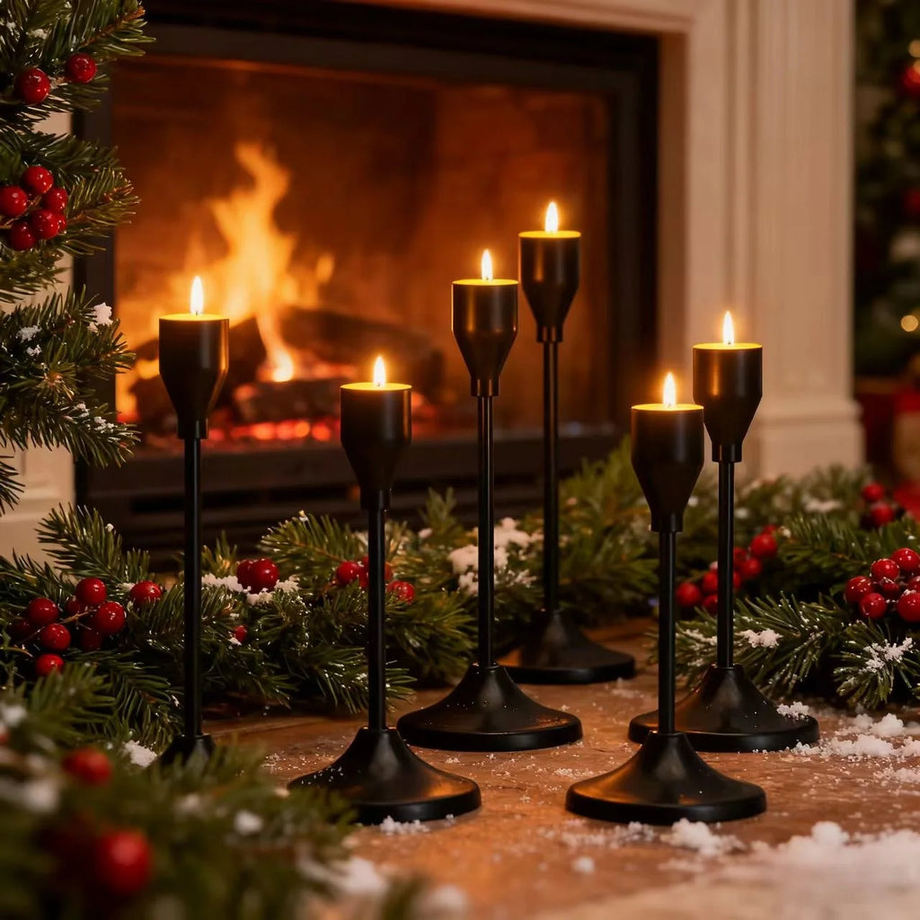 Black Metal Candle Holder Set for Dining Table & Mantel | Nordic Minimalist Taper Candlesticks with Round Base | Wedding & Party Centrepiece, 3–30 Pcs