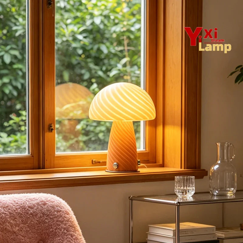 Murano-Style Glass Mushroom Lamp for Bedside & Living Room | Mid-Century Retro Table Lamp | Dimmable Plug-in LED, Swirl or Solid Designs