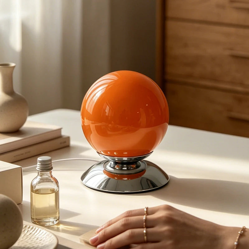 Globe Glass Table Lamp on Plinth for Bedroom & Living Room | Italian-Style Geometric Retro Bedside Lamp | Dimmable, 3 Colour Temperatures
