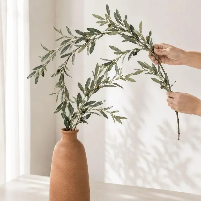 Silk Artificial Olive Branch with Fruit for Tall Vases | 113cm Bendable Faux Greenery Stem | Home & Wedding Decor, Single or 3-Pack
