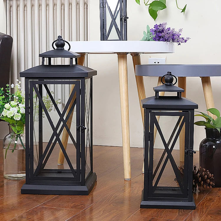 Glass Lantern Candle Holder for Patio, Dining Table & Entryway | Black Metal Hurricane Lantern | Windproof Modern Candle Holder, 30 to 50cm