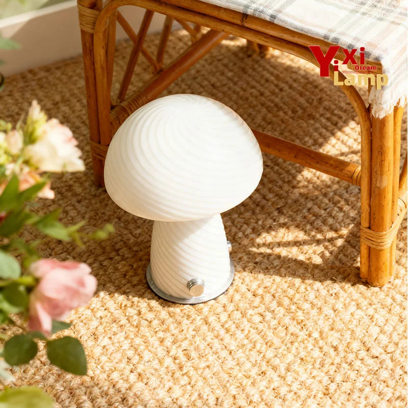 Murano-Style Glass Mushroom Lamp for Bedside & Living Room | Mid-Century Retro Table Lamp | Dimmable Plug-in LED, Swirl or Solid Designs