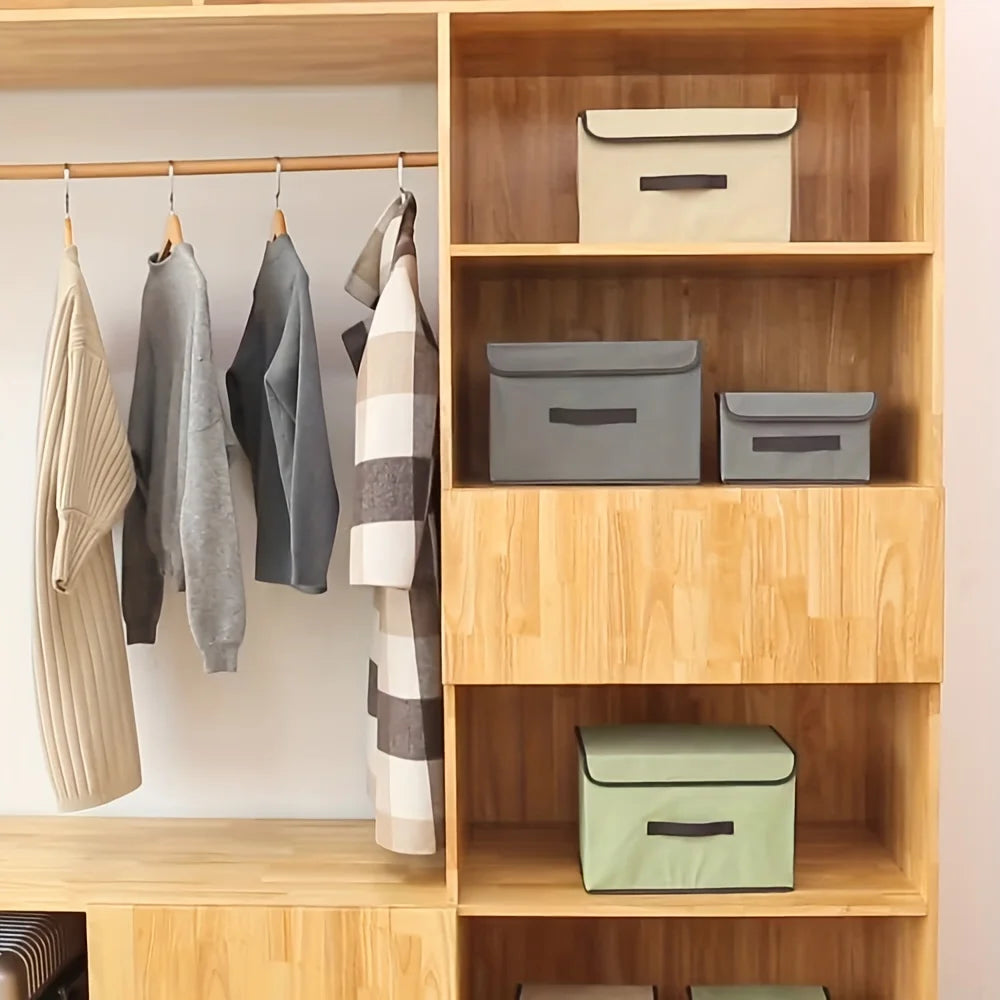 Foldable Linen-Look Storage Box with Lid for Closet & Bedroom | Dustproof Fabric Storage Bin | Clothes & Sundries Organiser, S or L