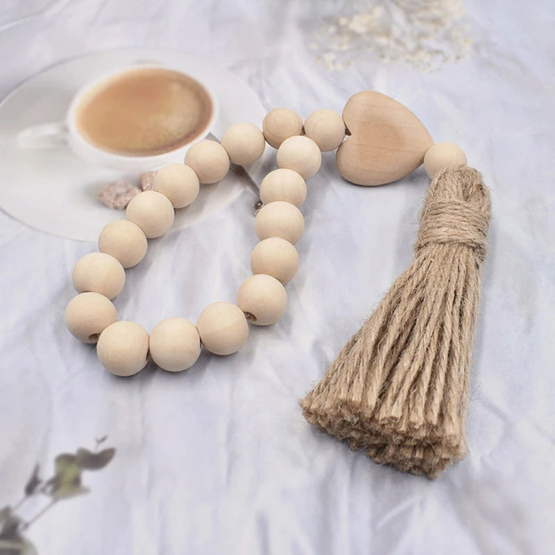 Wood Bead Garland with Jute Tassels for Shelves, Vases & Wall Hanging | Farmhouse Boho Decor | Handmade Natural Wood Beads in 8 Styles