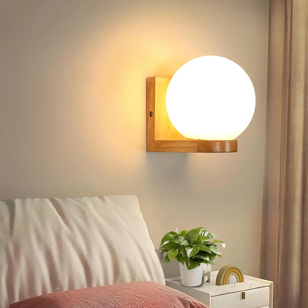 Wooden Wall Sconce for Bedroom, Kitchen & Living Room | Nordic Wood & Glass Shade Wall Light | E27 Wall Lamp Fixture in 5 Styles