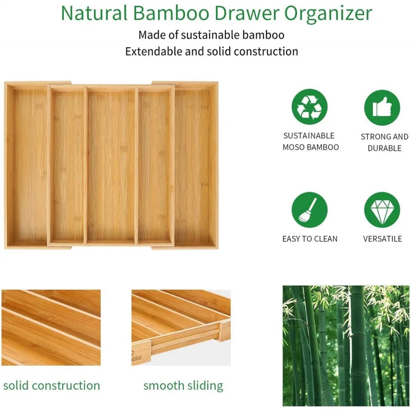 Expandable Bamboo Drawer Organiser for Kitchen Cutlery | Adjustable Utensil Tray & Silverware Divider | Natural Kitchen Storage, 2 Styles