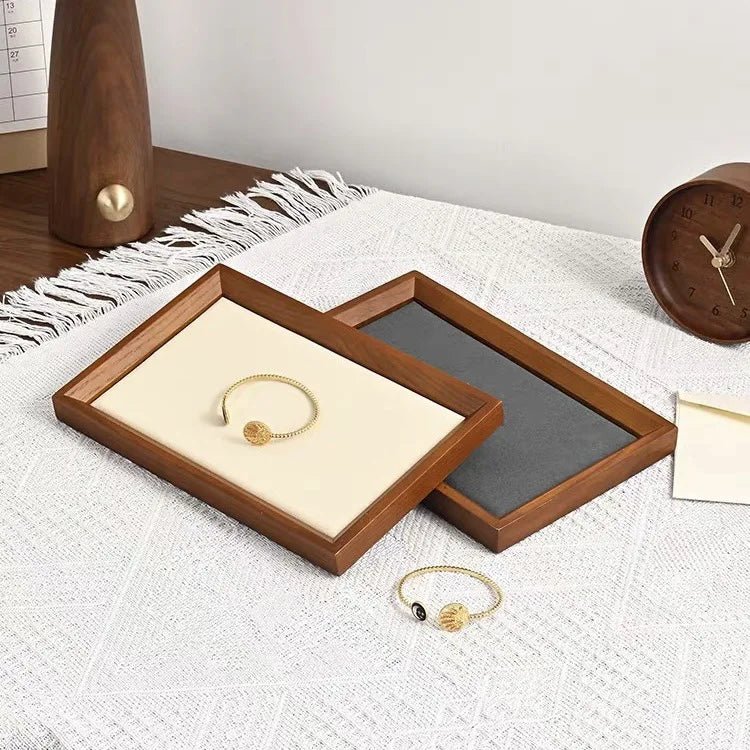 Velvet-Lined Wooden Jewellery Tray for Dresser & Vanity | Rectangular Ring, Earring & Bracelet Organiser | Desktop Storage Dish, 4 Styles