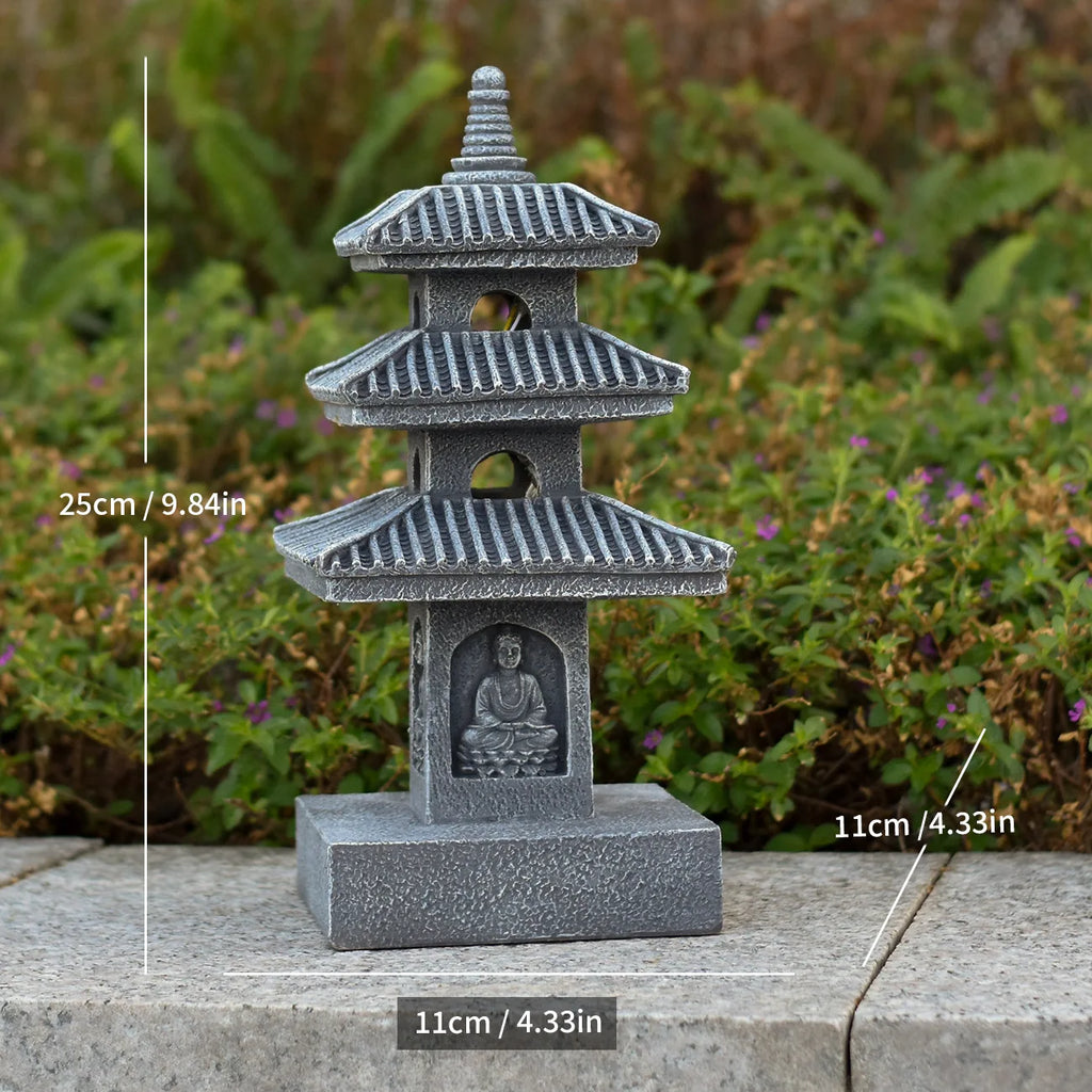 Solar Pagoda Lantern Statue for Garden, Patio & Zen Garden | Japanese Style Resin Garden Ornament | Warm LED Solar Garden Light, 4 Styles