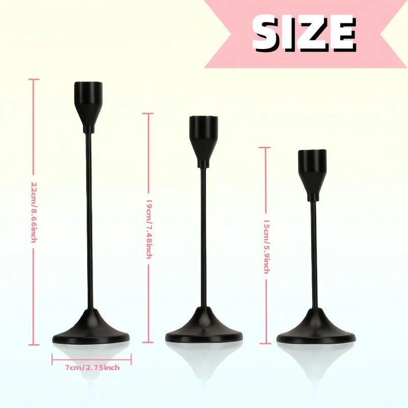 Black Metal Candle Holder Set for Dining Table & Mantel | Nordic Minimalist Taper Candlesticks with Round Base | Wedding & Party Centrepiece, 3–30 Pcs