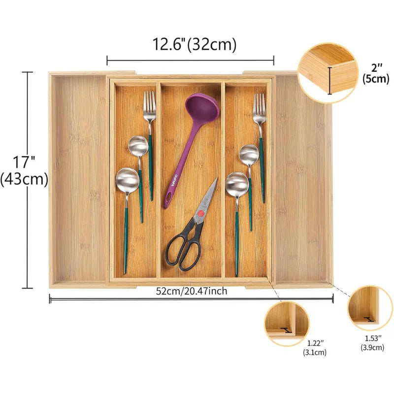 Expandable Bamboo Drawer Organiser for Kitchen Cutlery | Adjustable Utensil Tray & Silverware Divider | Natural Kitchen Storage, 2 Styles