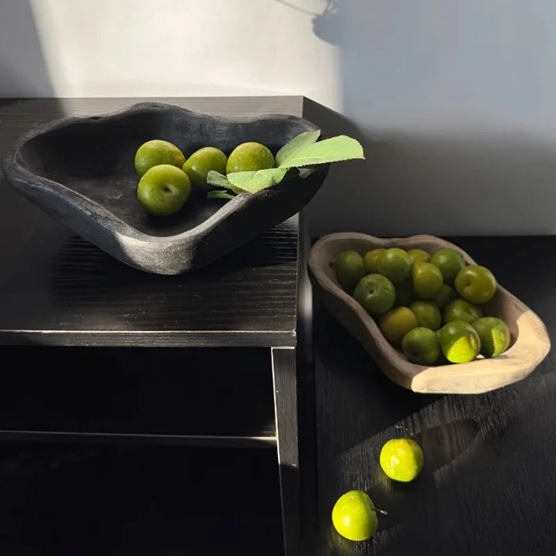 Solid Wood Decorative Tray for Entryway, Dining Table & Coffee Table | Vintage Shaped Wooden Fruit & Jewellery Plate | Rustic Home Decor Bowl, 2 Styles