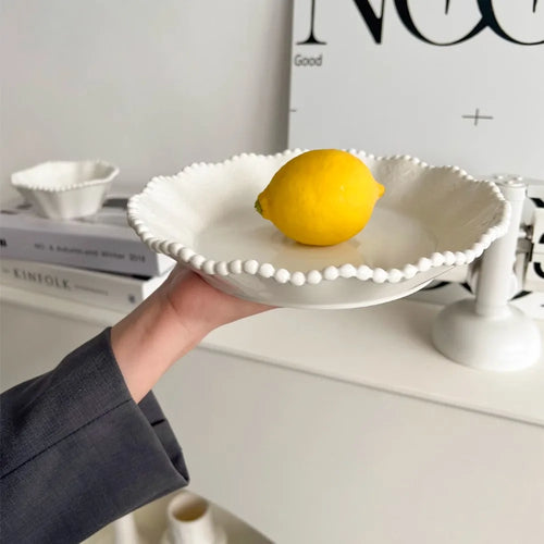Ceramic Pearl Dinner Plate Set | Beaded Rim Stoneware Plates, Deep Dishes & Dessert Bowls, Modern White Dinnerware & Breakfast Tableware
