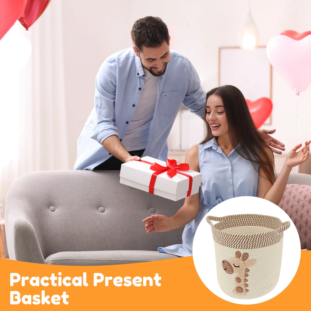 Cotton Rope Storage Basket for Living Room, Nursery & Bedroom | Woven Blanket & Toy Basket with Embroidery | Laundry Hamper 30x28cm
