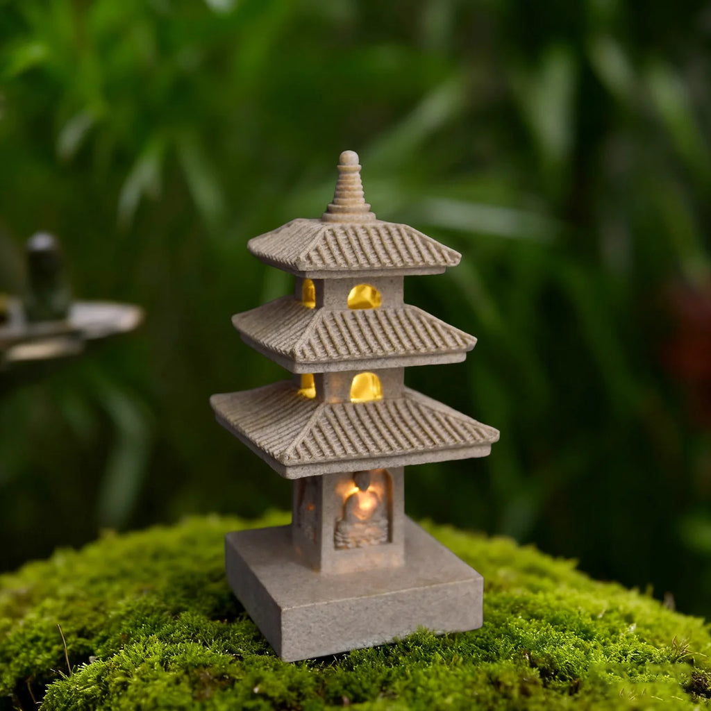 Solar Pagoda Lantern Statue for Garden, Patio & Zen Garden | Japanese Style Resin Garden Ornament | Warm LED Solar Garden Light, 4 Styles