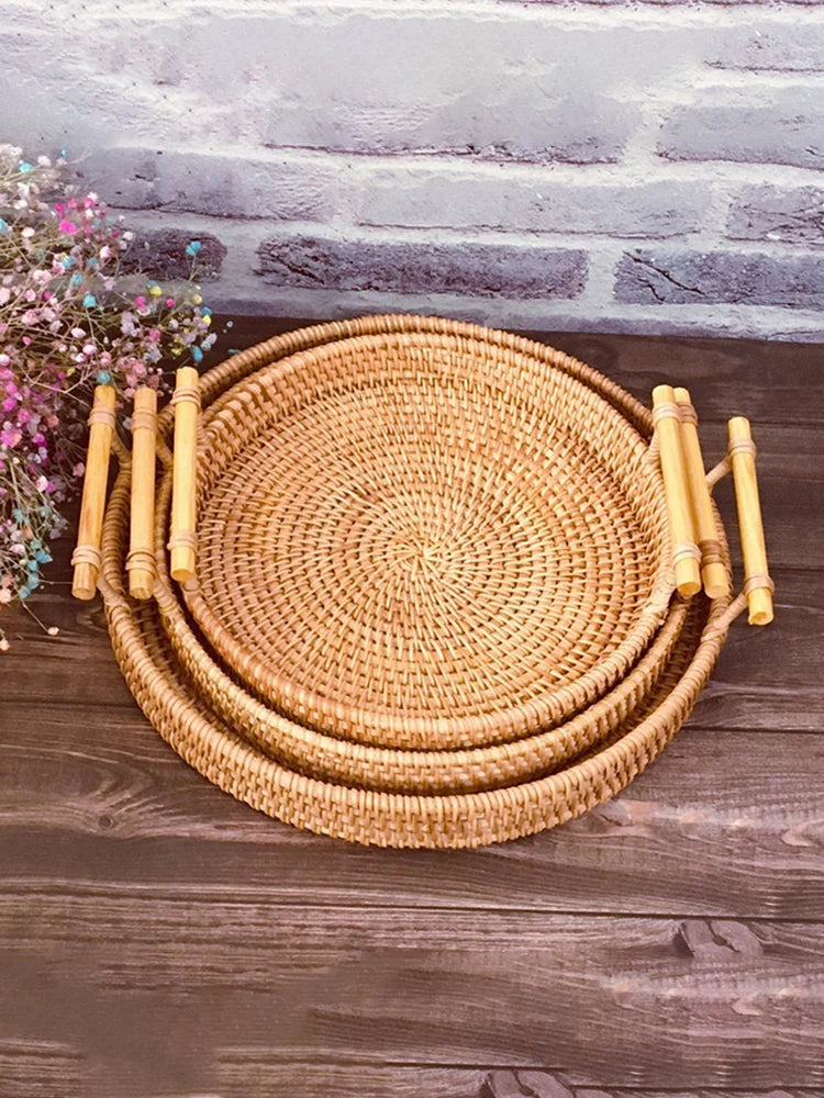 Woven Rattan Bread Basket with Strap Handle for Kitchen & Dining Table | Round Serving Tray for Fruit, Snacks & Picnics | S, M, L or Set of 3
