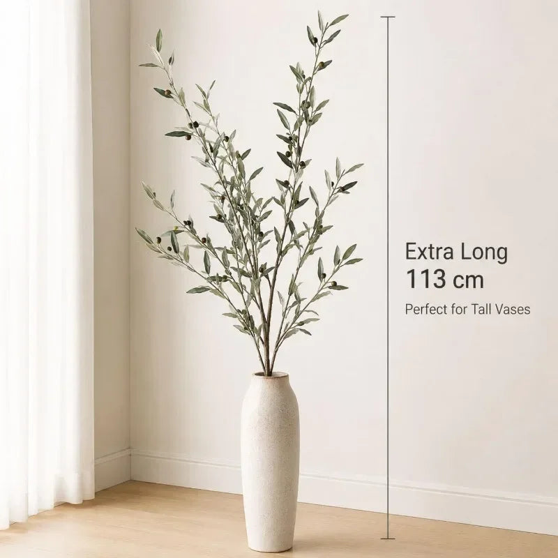 Silk Artificial Olive Branch with Fruit for Tall Vases | 113cm Bendable Faux Greenery Stem | Home & Wedding Decor, Single or 3-Pack