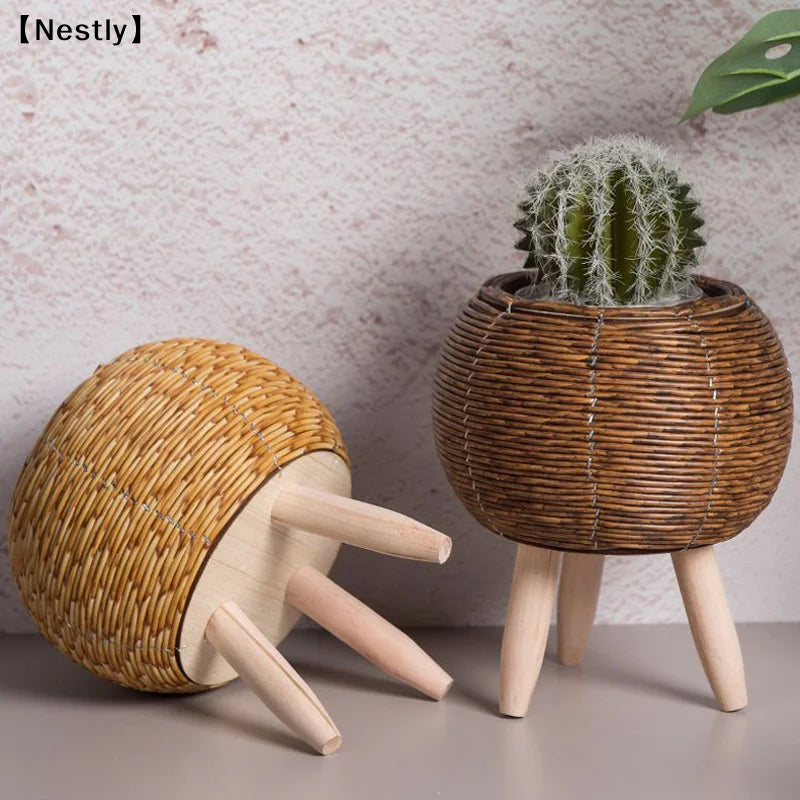 Woven Plant Stand with Removable Wooden Legs for Living Room & Patio | Handmade Rattan-Look Planter Basket | Nordic Plant Pot Holder, 6 Styles