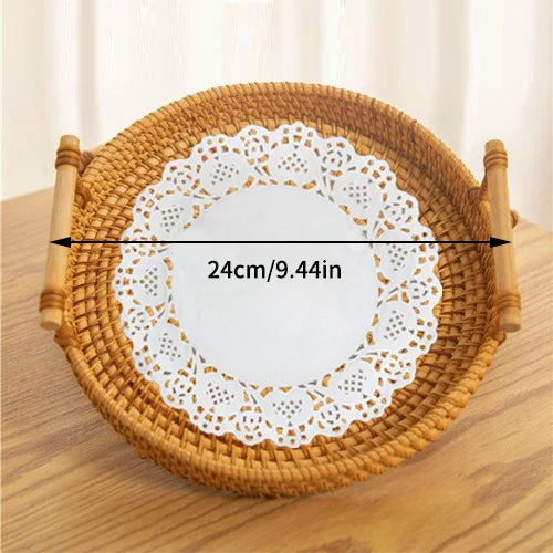 Woven Rattan Bread Basket with Strap Handle for Kitchen & Dining Table | Round Serving Tray for Fruit, Snacks & Picnics | S, M, L or Set of 3