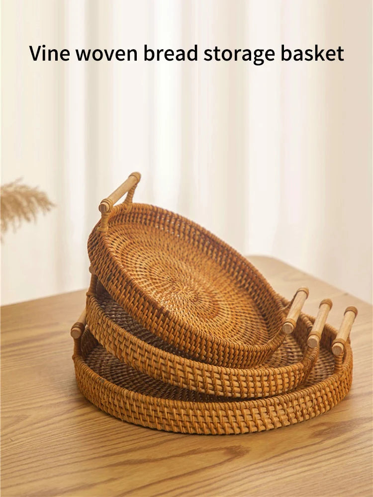 Woven Rattan Bread Basket with Strap Handle for Kitchen & Dining Table | Round Serving Tray for Fruit, Snacks & Picnics | S, M, L or Set of 3