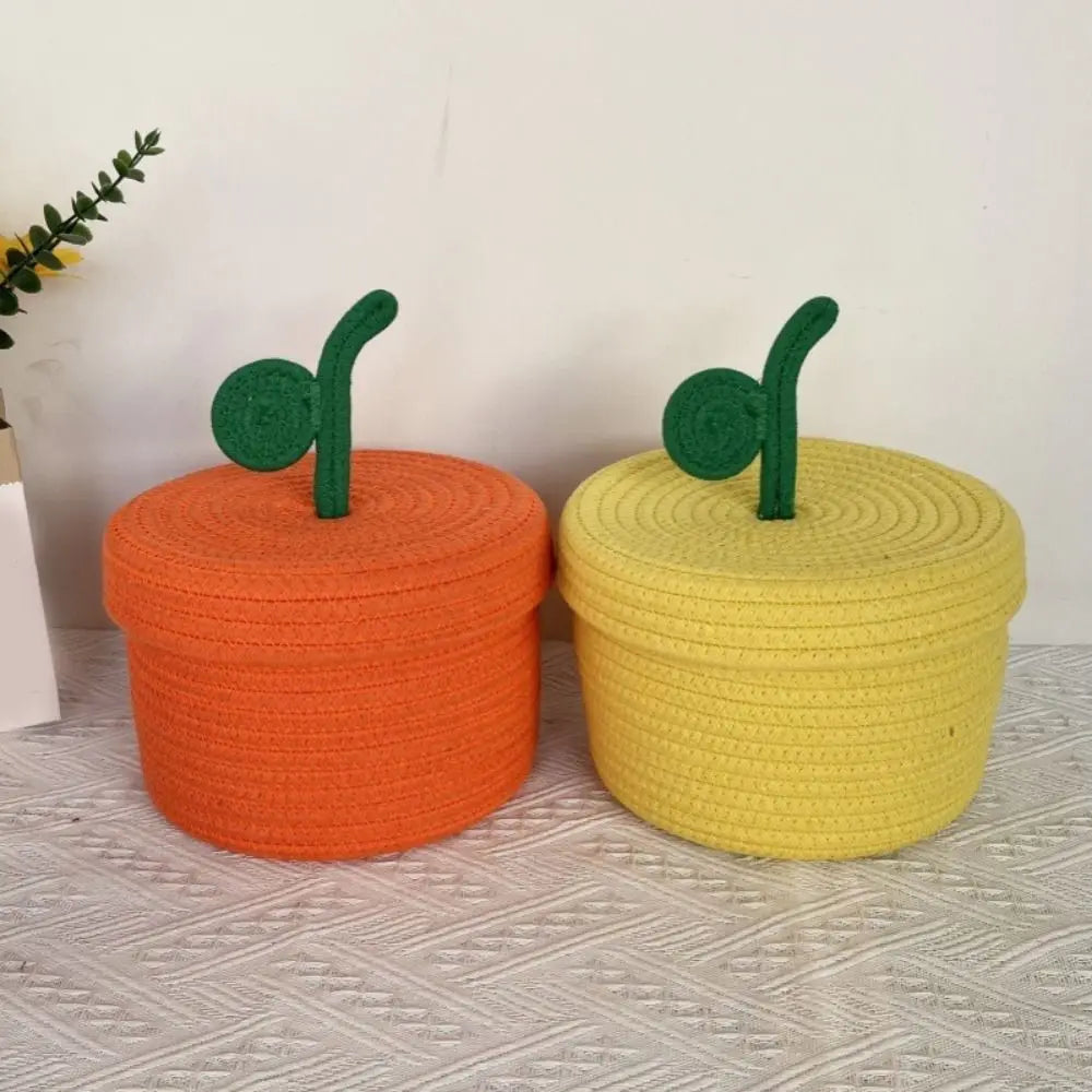 Small Cotton Rope Basket with Lid for Desk, Shelf & Bathroom | Hand-Woven Round Storage Basket | Colourful Lidded Organiser, 20x14cm