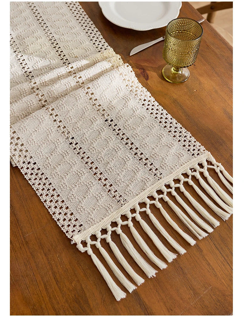 Boho Table Runner with Tassels for Kitchen & Dining Table | Beige Woven Farmhouse Table Runner | Rustic Table Decor, 9 Sizes 30x50cm to 30x300cm