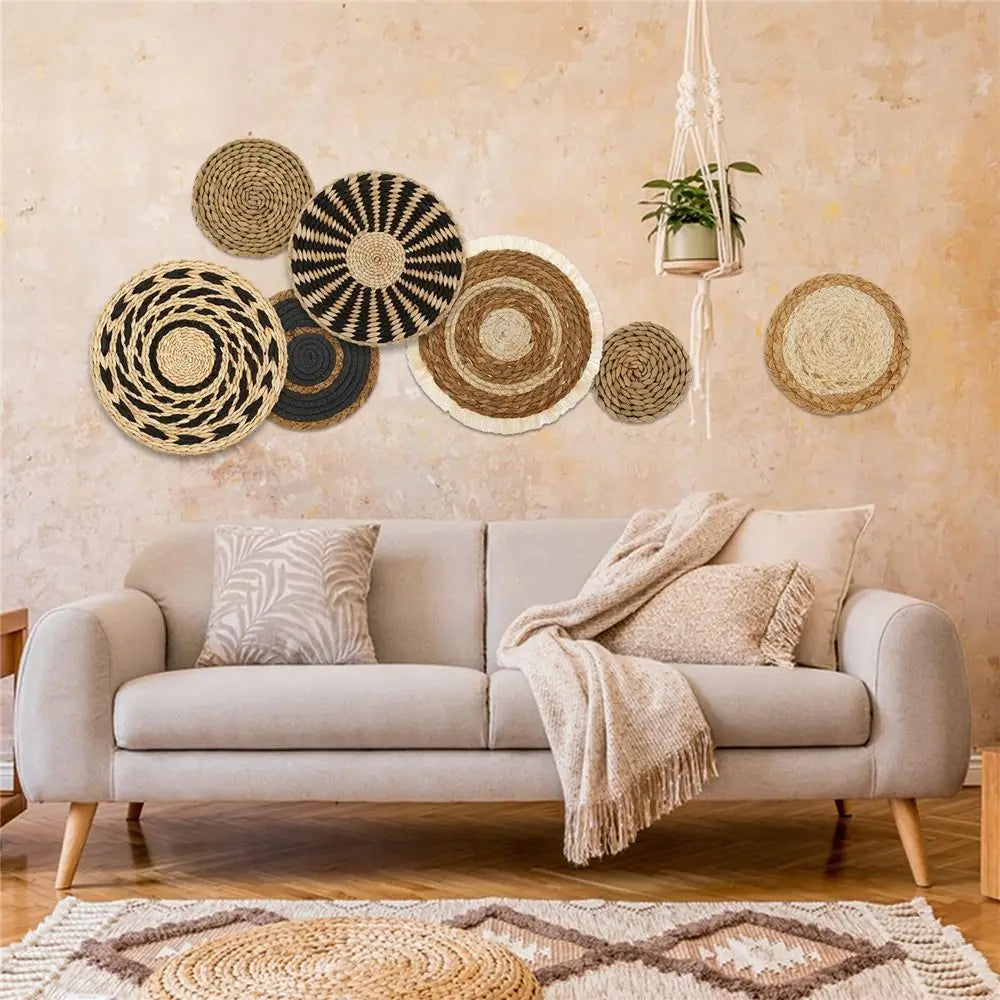 Boho Wall Basket Set of 7 for Living Room & Bedroom Wall Decor | Handwoven Seagrass Hanging Baskets | Natural Round Wall Art, 11 to 30cm
