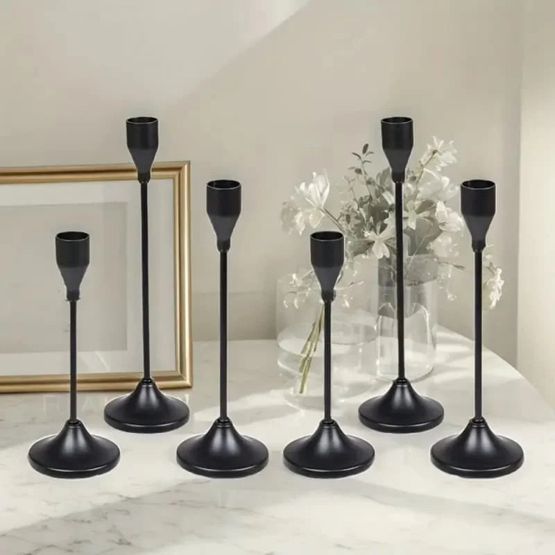 Black Metal Candle Holder Set for Dining Table & Mantel | Nordic Minimalist Taper Candlesticks with Round Base | Wedding & Party Centrepiece, 3–30 Pcs