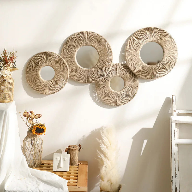 Round Wall Mirror with Hemp Rope | Farmhouse Boho Circle Mirror for Bedroom, Bathroom & Living Room Decor, 25cm, 30cm, 2 & 4 Packs