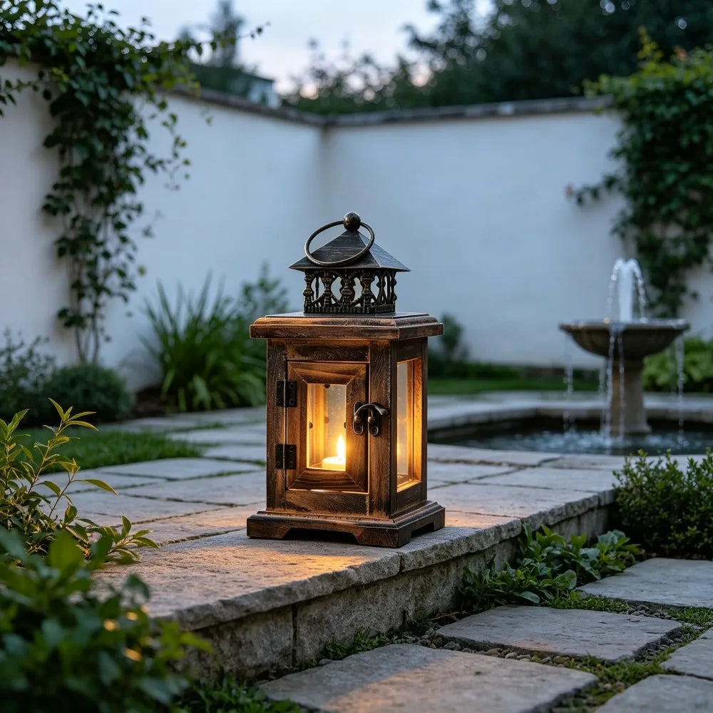 Farmhouse Wooden Candle Lantern for Mantel, Patio & Wedding Decor | Retro Glass Candle Holder | Hanging or Tabletop Lantern