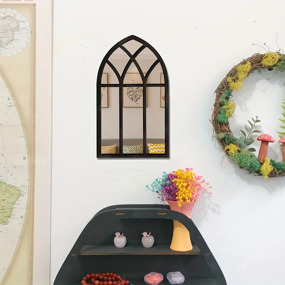 Arched Windowpane Wall Mirror for Entryway, Bathroom & Bedroom | Minimalist Wood Frame Arch Mirror | Lightweight Acrylic Mirror, 2 Styles