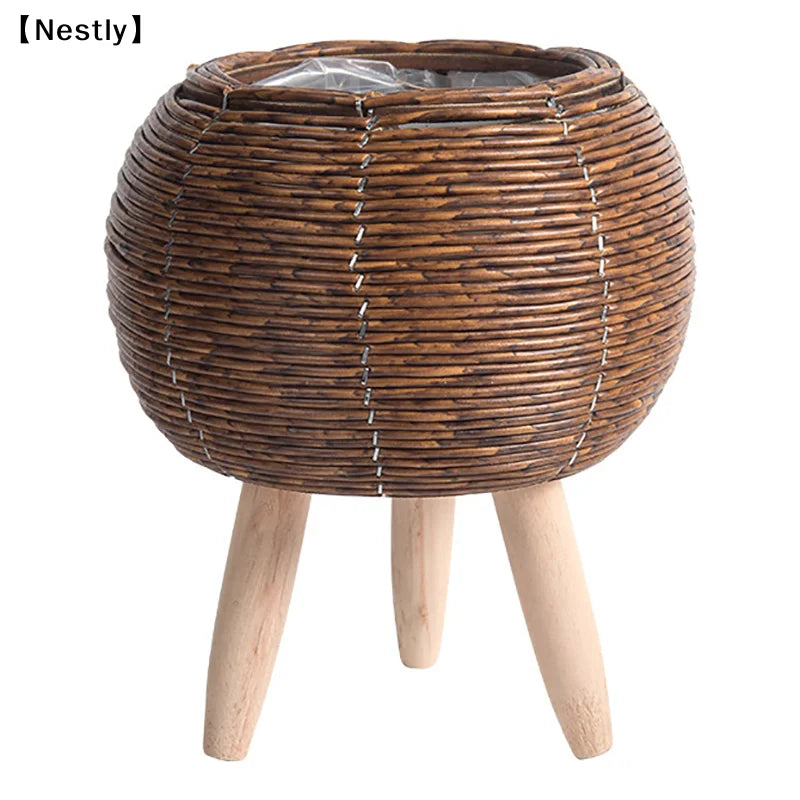 Woven Plant Stand with Removable Wooden Legs for Living Room & Patio | Handmade Rattan-Look Planter Basket | Nordic Plant Pot Holder, 6 Styles