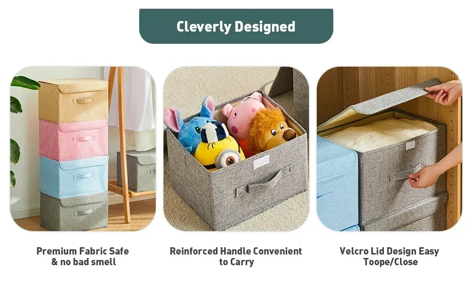 Foldable Cotton Linen Storage Box with Lid for Closet, Nursery & Shelves | Washable Fabric Storage Bin | Toy & Clothes Organiser, 2 Sizes