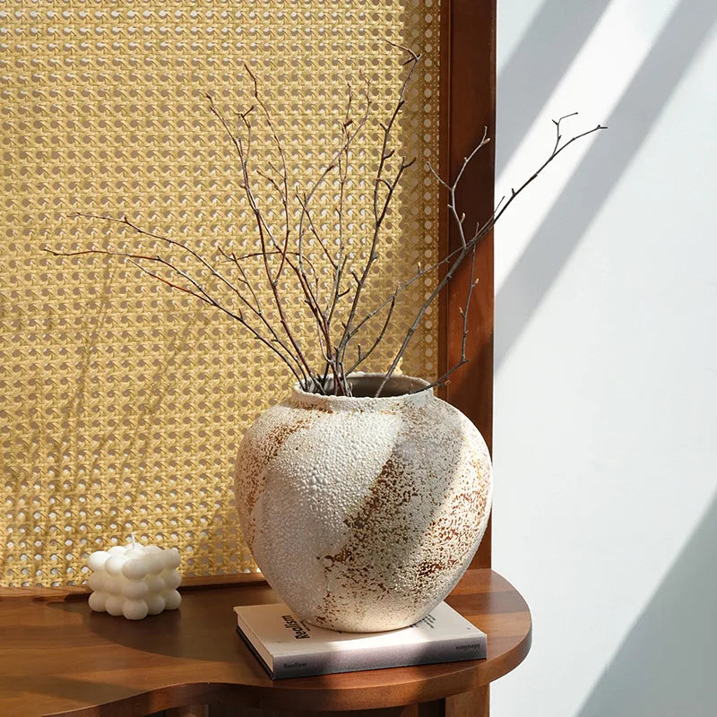 Mottled Ceramic Jar Vase for Entryway, Living Room & TV Cabinet | Wabi-Sabi Antique Pottery Vase | Rustic Floor & Table Decor in S, M, L