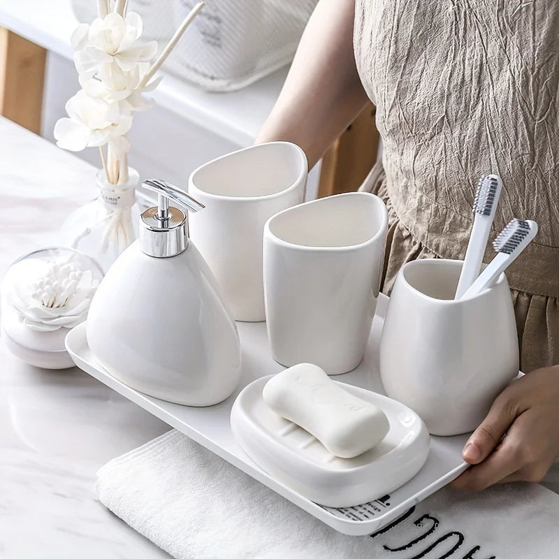 Ceramic Bathroom Accessories Set for Vanity & Bathroom Counter | Soap Dispenser, Tumbler, Toothbrush Holder & Soap Dish | 4 or 5 Pieces in White, Silver or Gold