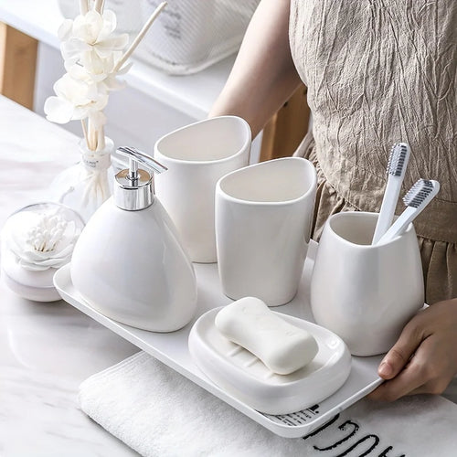 Ceramic Bathroom Accessories Set for Vanity & Bathroom Counter | Soap Dispenser, Tumbler, Toothbrush Holder & Soap Dish | 4 or 5 Pieces in White, Silver or Gold