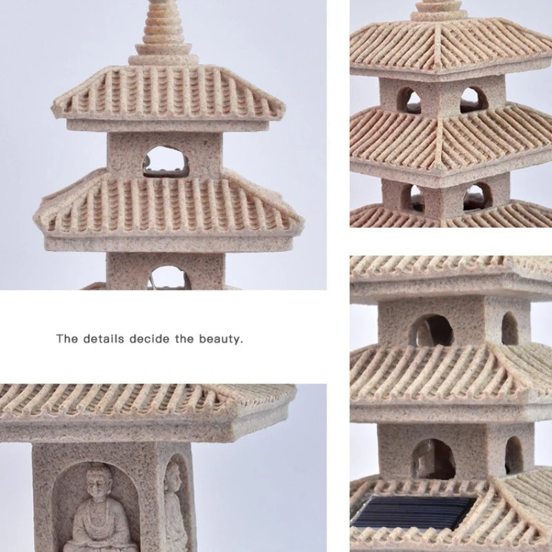 Solar Pagoda Lantern Statue for Garden, Patio & Zen Garden | Japanese Style Resin Garden Ornament | Warm LED Solar Garden Light, 4 Styles