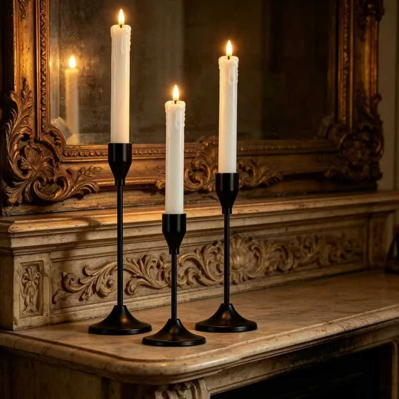 Black Metal Candle Holder Set for Dining Table & Mantel | Nordic Minimalist Taper Candlesticks with Round Base | Wedding & Party Centrepiece, 3–30 Pcs