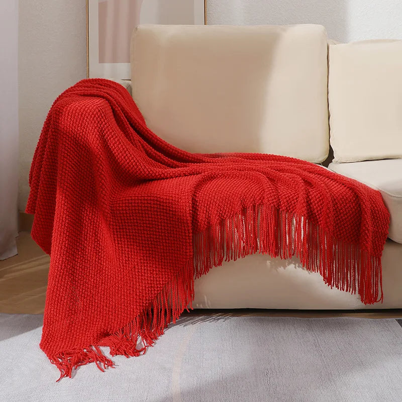 Chunky Knit Throw Blanket with Tassels for Sofa & Bed | Boho Cozy Bedroom Decor | Soft Textured Knit Blanket | 12 Colours