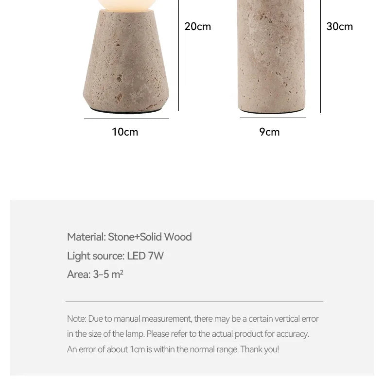 Travertine Table Lamp for Bedroom Bedside & Living Room | Natural Stone Wabi Sabi Design | Warm White Bulb Included | 20cm or 30cm