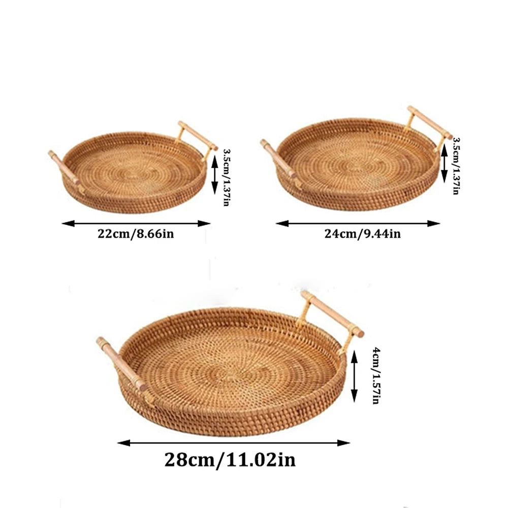 Woven Rattan Bread Basket with Strap Handle for Kitchen & Dining Table | Round Serving Tray for Fruit, Snacks & Picnics | S, M, L or Set of 3