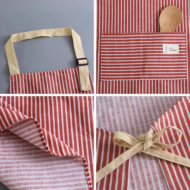 Striped Linen Apron for Kitchen, Baking & Gardening | Japanese Style Cooking Apron with Adjustable Neck Strap | Minimalist Apron in 4 Colours
