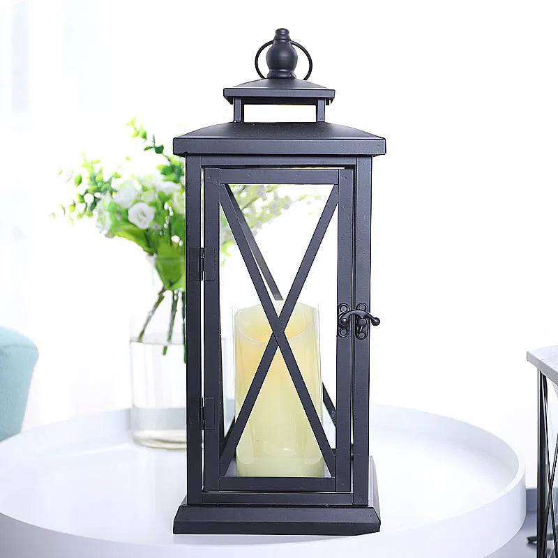 Glass Lantern Candle Holder for Patio, Dining Table & Entryway | Black Metal Hurricane Lantern | Windproof Modern Candle Holder, 30 to 50cm