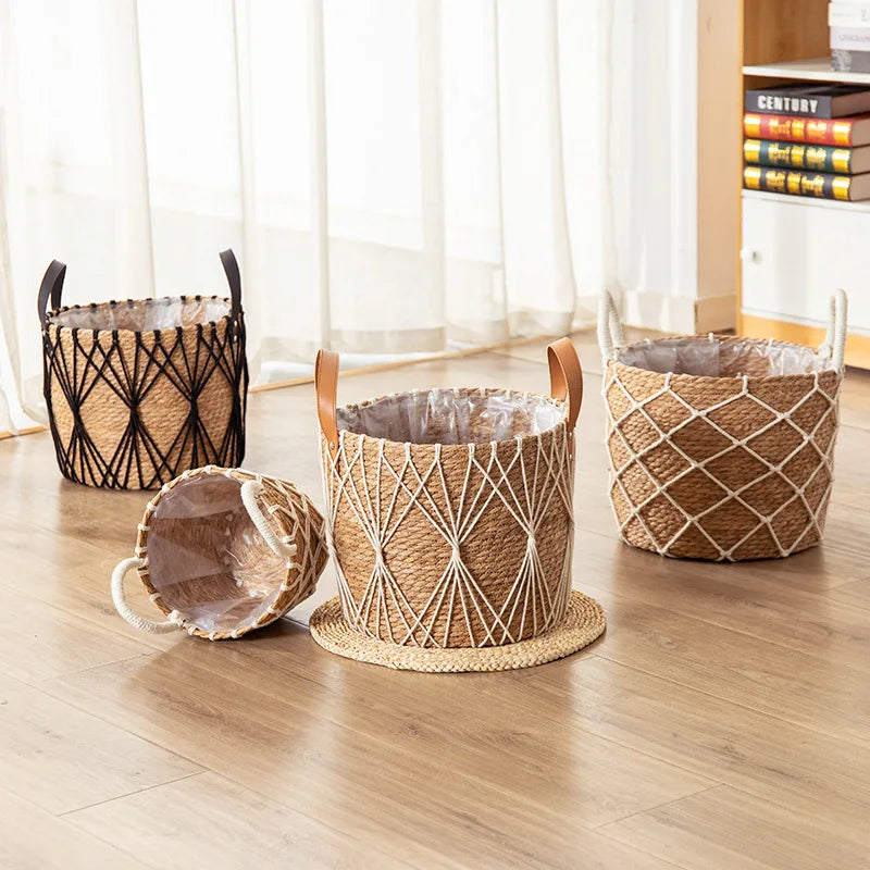 Seagrass Planter Basket with Handles for Indoor Plants & Patio | Natural Woven Plant Pot Cover | Boho Storage Basket, 25cm or 29cm
