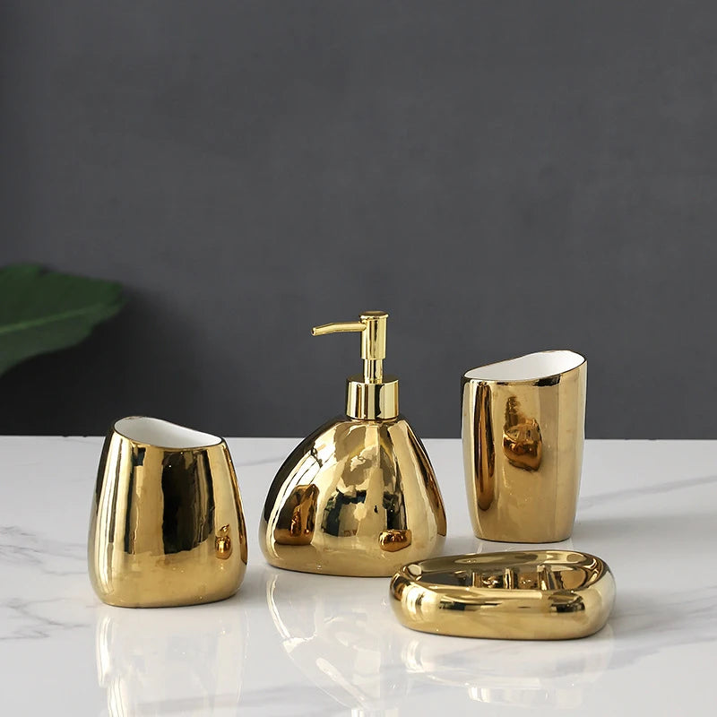Ceramic Bathroom Accessories Set for Vanity & Bathroom Counter | Soap Dispenser, Tumbler, Toothbrush Holder & Soap Dish | 4 or 5 Pieces in White, Silver or Gold