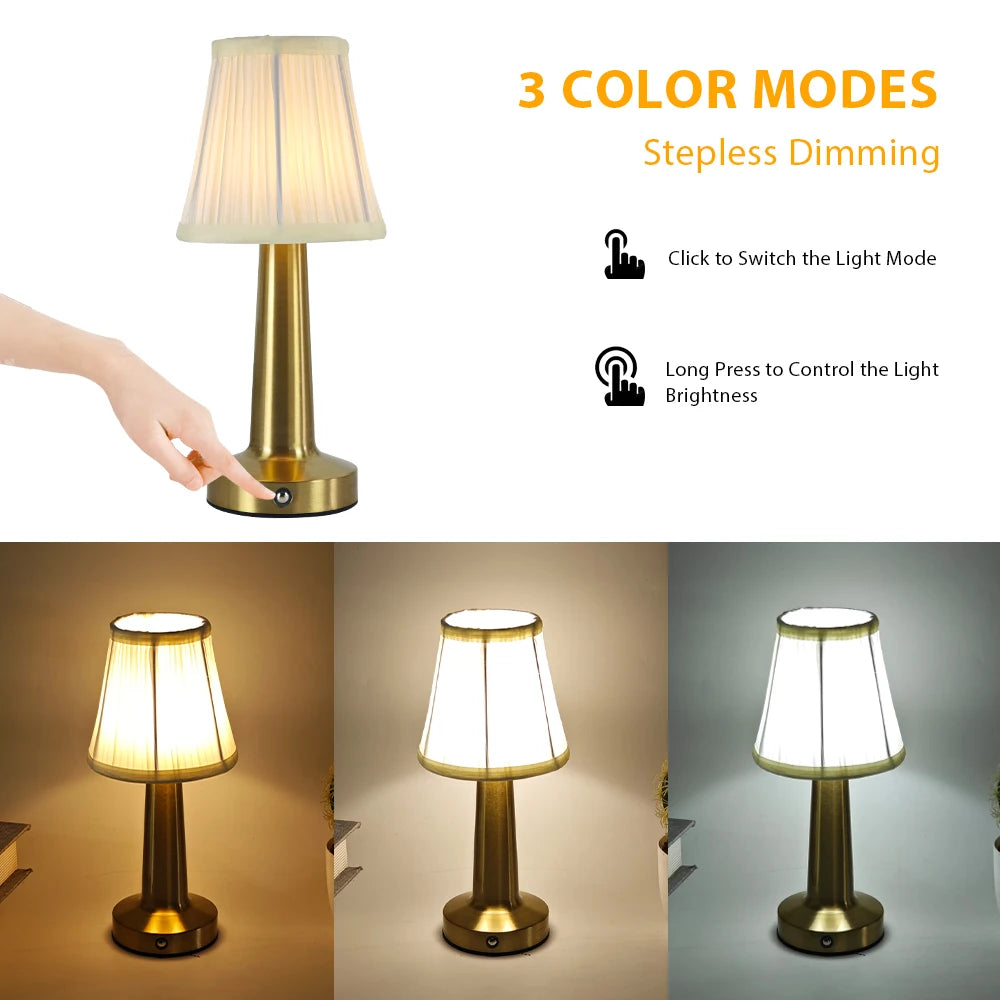 Cordless Pleated Table Lamp for Dining Table, Bedroom & Restaurant | Rechargeable Touch-Dimmable LED | Portable Lamp in Rose Gold, Gold or Silver