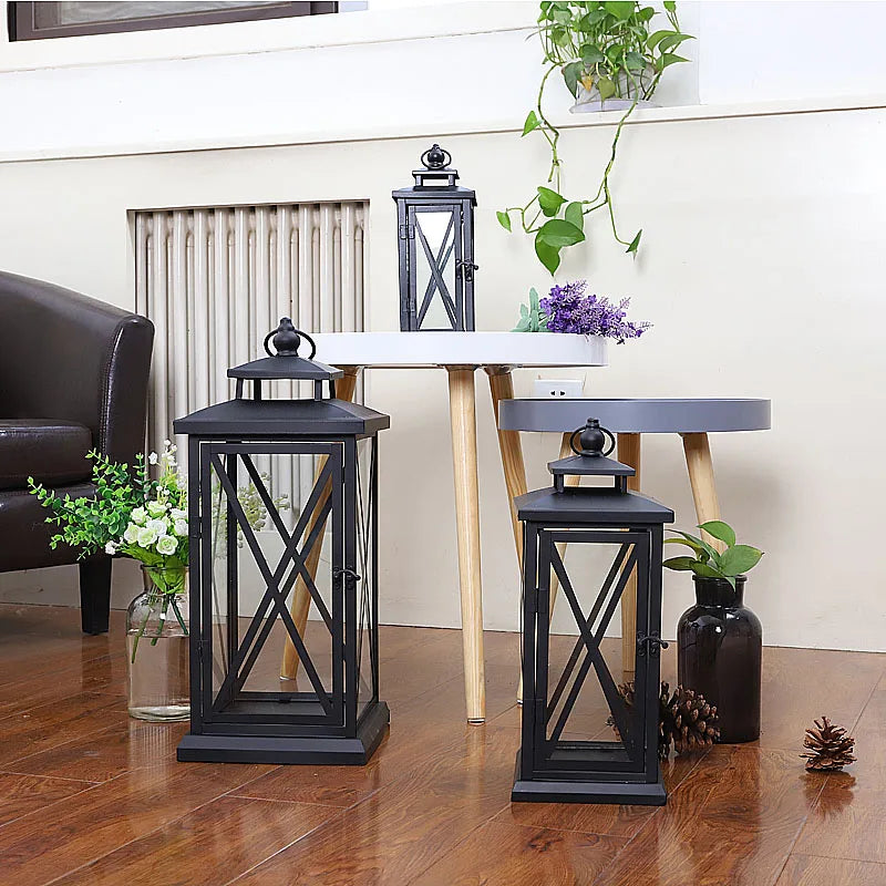 Glass Lantern Candle Holder for Patio, Dining Table & Entryway | Black Metal Hurricane Lantern | Windproof Modern Candle Holder, 30 to 50cm