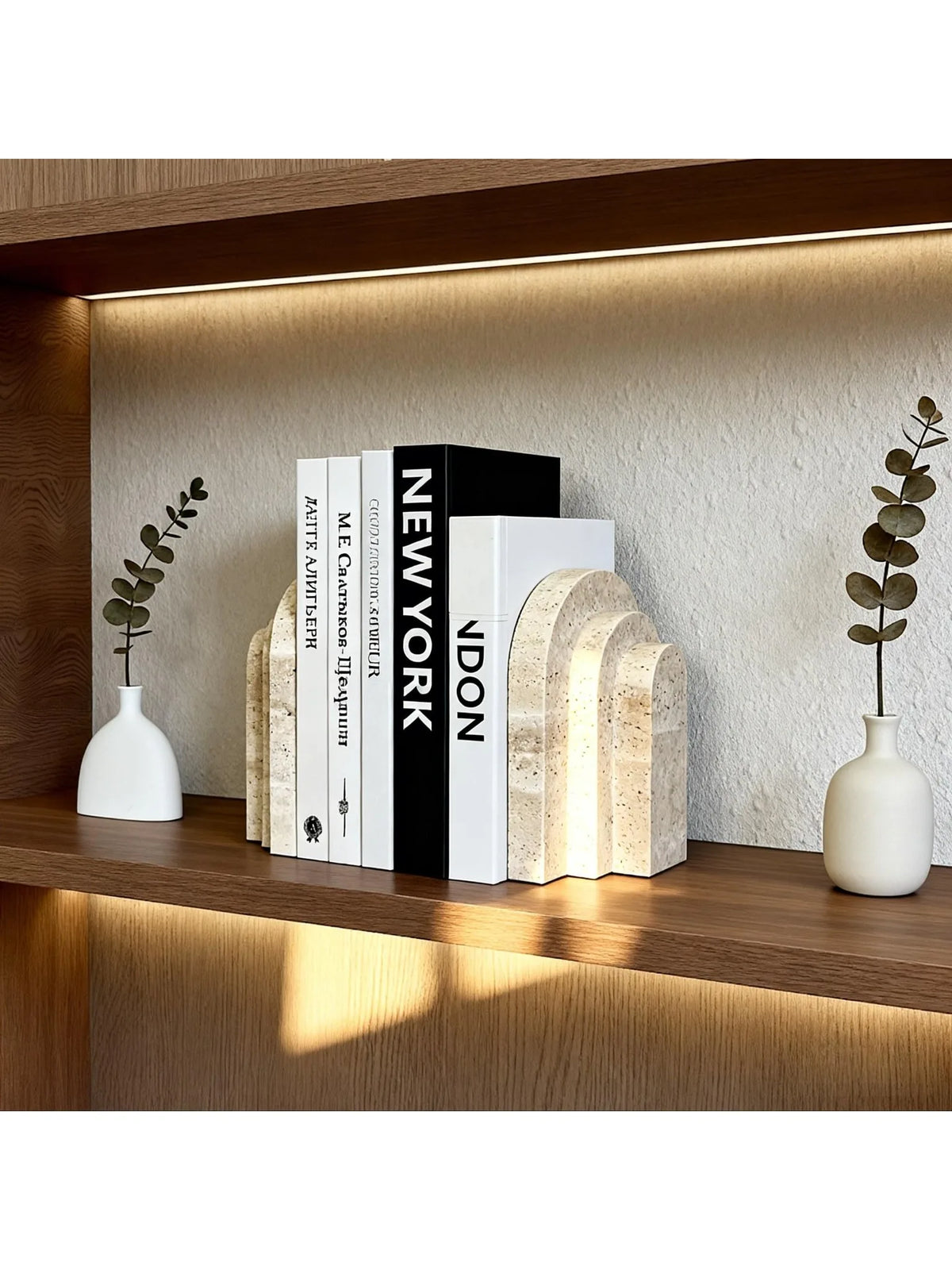 Travertine Marble Bookend for Bookshelf, Desk & Living Room | Natural Stone Book Stopper | Modern Minimalist Office Decor, 1 Piece