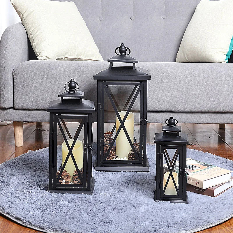 Glass Lantern Candle Holder for Patio, Dining Table & Entryway | Black Metal Hurricane Lantern | Windproof Modern Candle Holder, 30 to 50cm